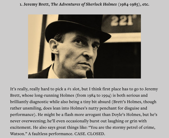 Jeremy Brett named #1 in Top 100 Sherlock Holmes On Screen